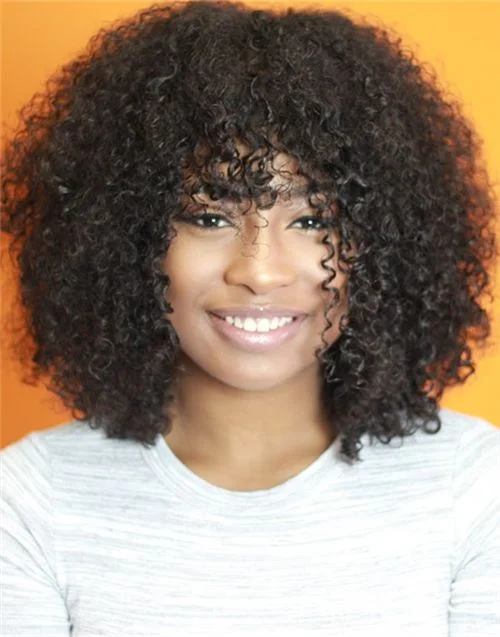 Glueless wig with a 180 - density for a full and thick appearance14-16 Inch Natural Curly Bob With Bangs Glueless Human Hair Lace Wig / Closure Wig - LFW012