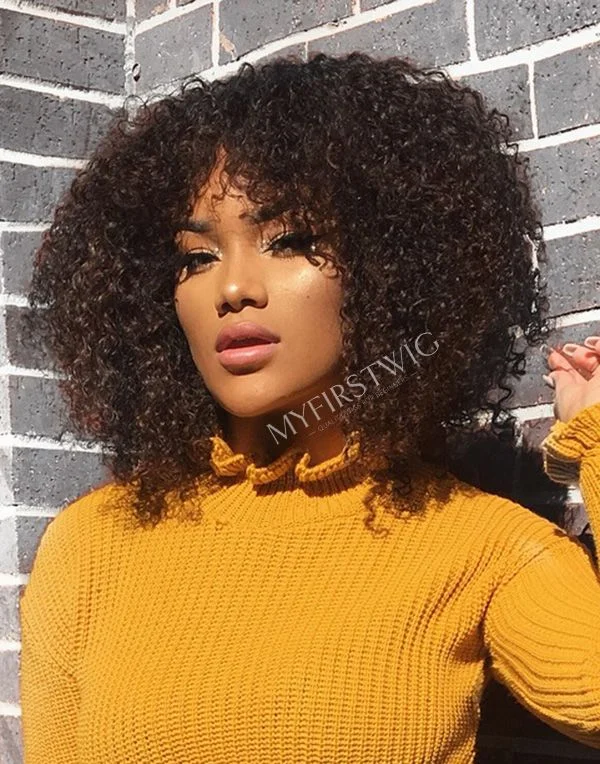 Glueless wig with a pre - bleached knot for a natural - looking scalp14-16 Inch Natural Curly With Bangs Glueless Human Hair Lace Wig / Closure Wig - LFC019