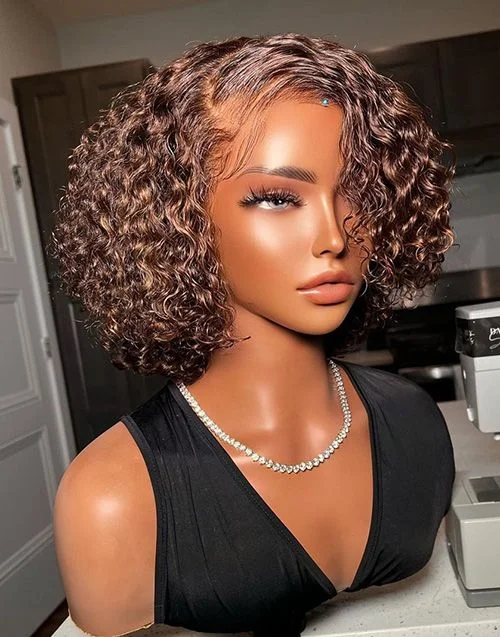 Glueless lace - front wig with a natural - looking hairline14-16 Inch Short Curly Brown Bob Glueless Human Hair Lace Wig / Closure Wig - DTS004