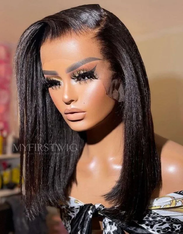 Glueless wig with a curly texture for a bold and stylish choice14-16 Inch Yaki Straight Side Part Glueless Human Hair Lace Wig / Closure Wig - OPH007