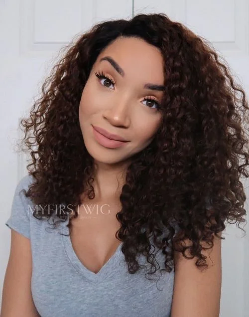 Glueless wig with a 180 - density for a full and thick appearance14-18 Inch Side Part Brown Curly Glueless Human Hair Lace Wig / Closure Wig - Raven LFC005