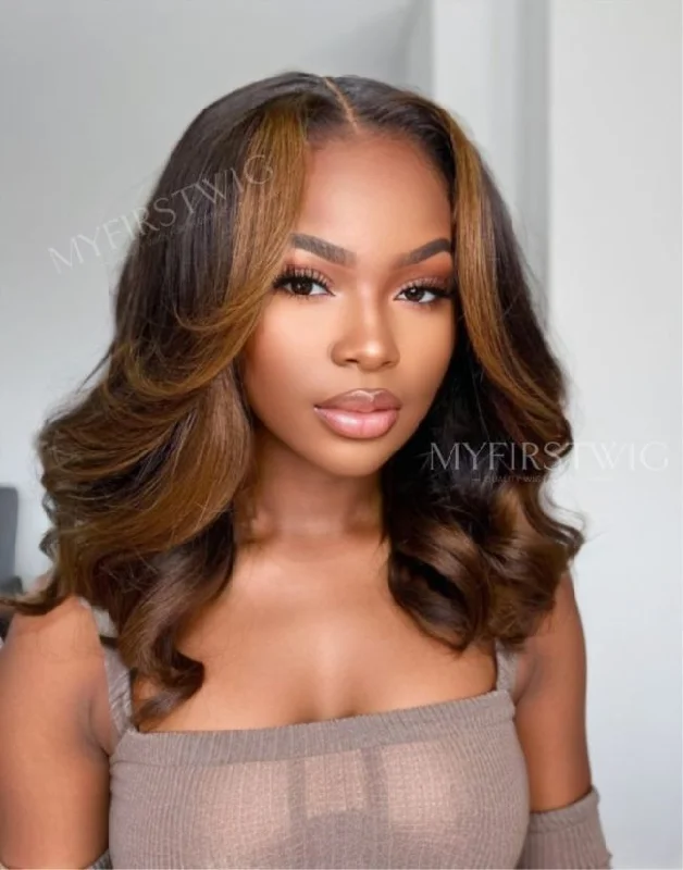 Glueless wig with a honey - blonde color for a warm and sunny appearance14-18 Inch Highlight Brown Wavy Glueless Human Hair Lace Wig / Closure Wig - ANI8005