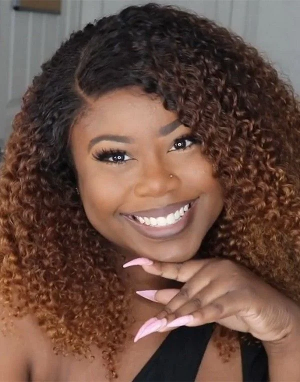 Glueless wig with a pre - plucked hairline for a more natural look14-18 Inch Ombre Brown Kinky Curly Glueless Human Hair Lace Wig / Closure Wig - NTX002