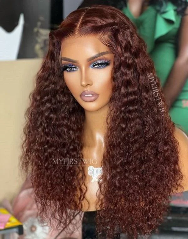 Glueless wig with a honey - blonde color for a warm and sunny appearance16-20 Inch Auburn Brown Curly Glueless Human Hair Lace Wig / Closure Wig - SPE018