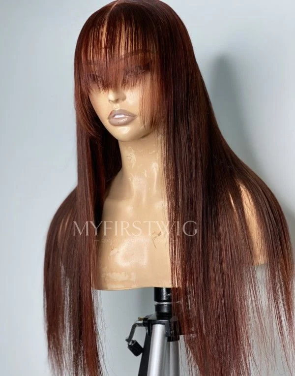 Glueless wig with a straight texture for a sleek and minimalist look16-20 Inch Auburn Brown with Bangs Glueless Human Hair Lace Wig / Closure Wig - TDM002