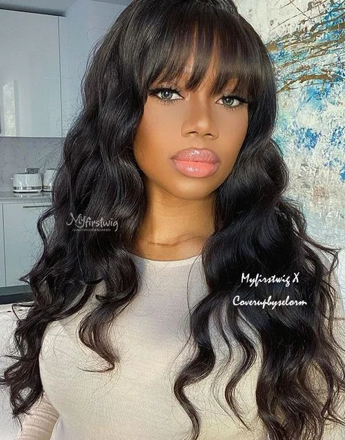 Adjustable - cap glueless wig for a comfortable fit16-20 Inch Beach Wave with Bangs Glueless Human Hair Lace Wig / Closure Wig - CBS012