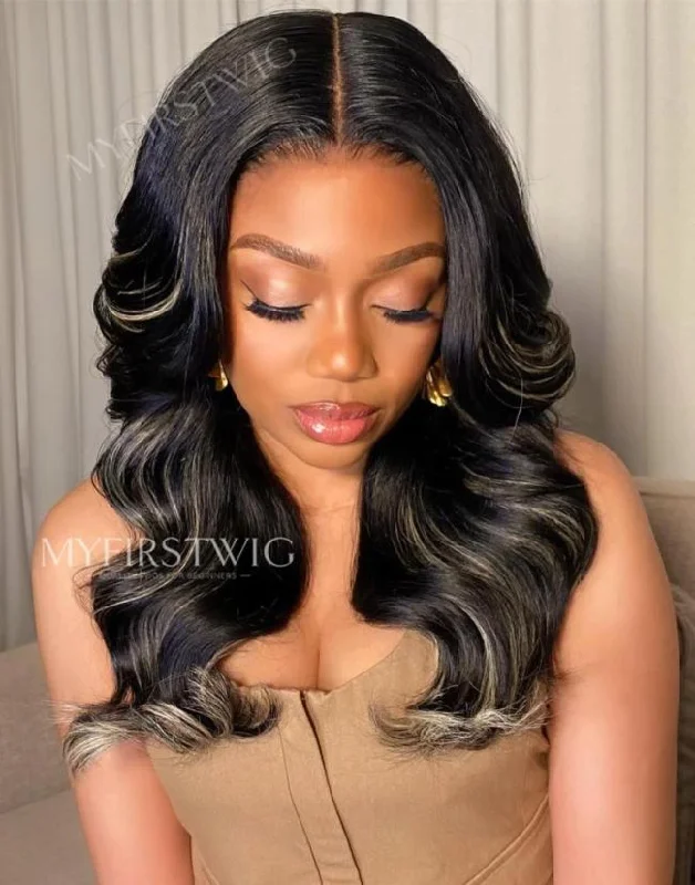 Glueless synthetic wig with a heat - resistant formula16-20 Inch Blonde Highlight Wavy Glueless Human Hair Lace Wig / Closure Wig - CBS039