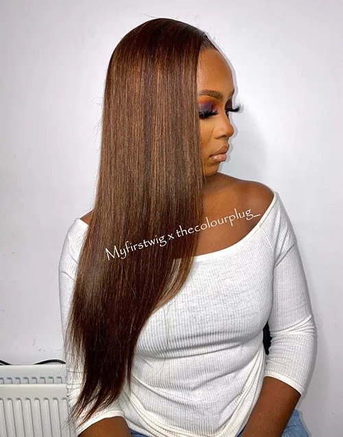 Glueless wig with a 180 - density for a full and thick appearance16-20 Inch Brown Highlight Straight Glueless Human Hair Lace Wig / Closure Wig - TCP001