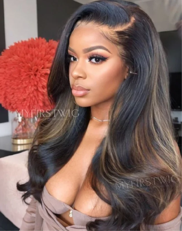 Glueless wig with a 4x4 lace closure for a secure fit16-20 Inch Highlight Brown Wavy Glueless Human Hair Lace Wig / Closure Wig - ANI8007