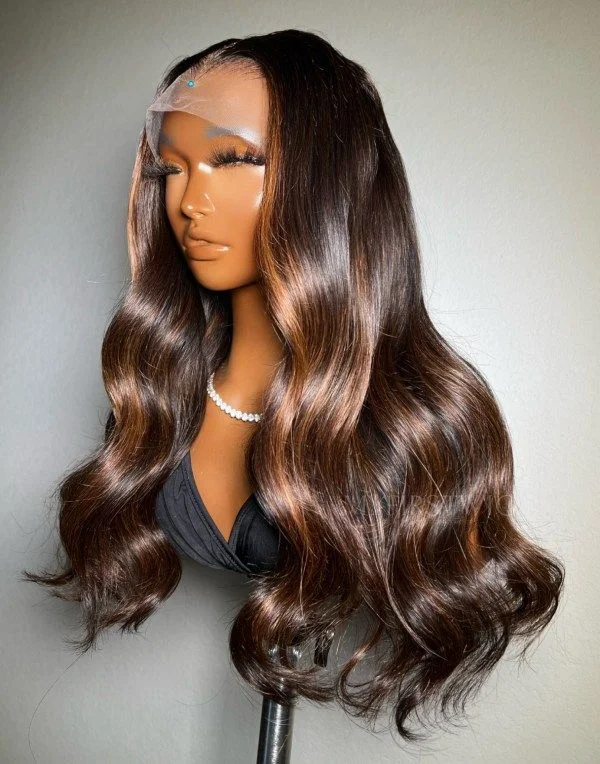 Glueless wig with a straight texture for a sleek and minimalist look16-20 Inch Brown Highlight Wavy Glueless Human Hair Lace Wig / Closure Wig - DTS011