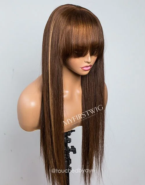 Glueless wig with a middle - part for a classic and elegant style16-20 Inch Brown Highlight with Bangs Glueless Human Hair Lace Wig / Closure Wig -LFS011