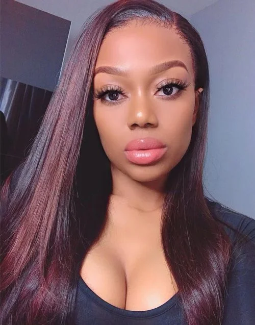 Glueless wig with a wispy fringe for a soft and feminine look16-20 Inch Burgundy Highlight Glueless Human Hair Lace Wig / Closure Wig - LFS005