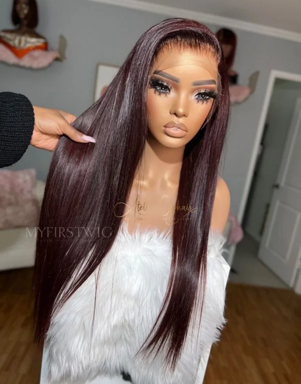 Glueless wig with a platinum - blonde color for a bold and trendy look16-20 Inch Burgundy Straight Glueless Human Hair Lace Wig / Closure Wig - OPH032