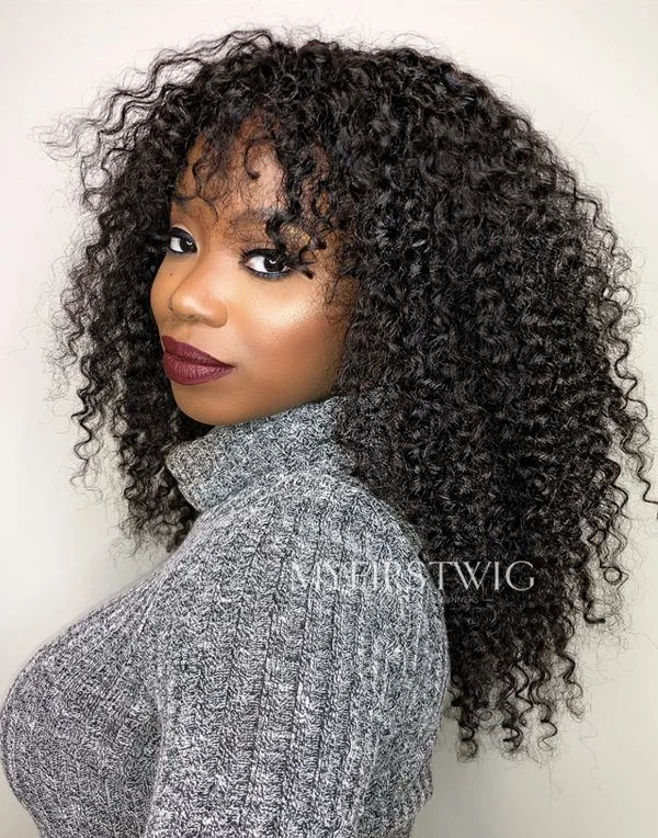 Glueless wig with a wispy fringe for a soft and feminine look16-20 Inch Curly with Bangs Glueless Human Hair Lace Wig / Closure Wig - LFC017