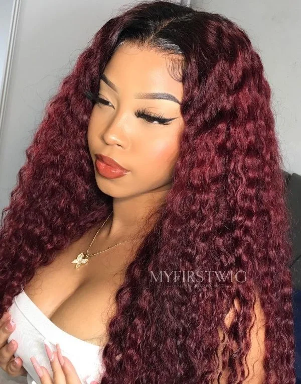 Glueless wig with a silk - base cap for a comfortable and smooth feel16-20 Inch Deep Wave Curly Burgundy Glueless Human Hair Lace Wig / Closure Wig - LFC024