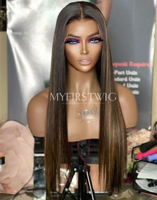 Glueless wig with a side - swept bang for a sophisticated look16-20 Inch Glueless Brown Highlight Human Hair Lace Wig / Closure Wig - SPE023