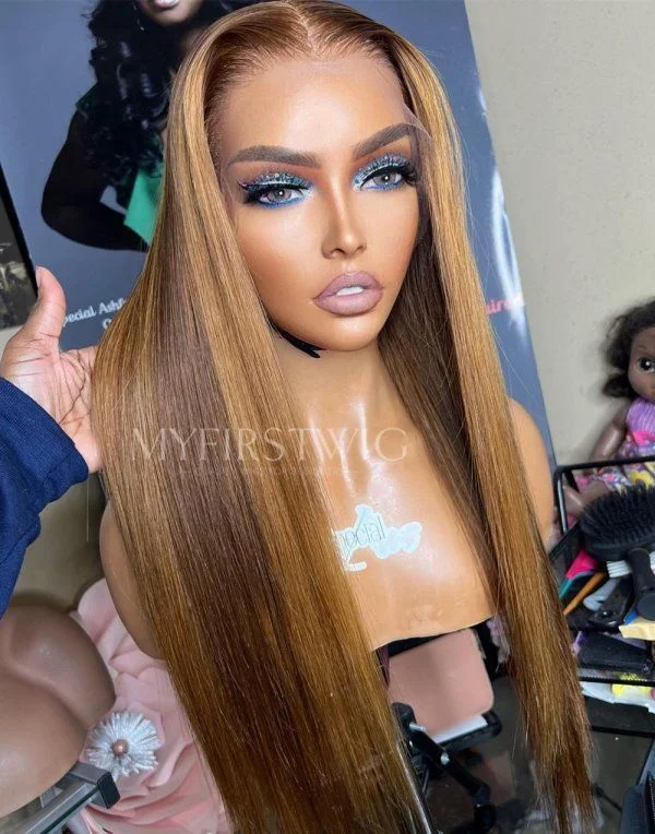 Glueless wig with a curly texture for a bold and stylish choice16-20 Inch Brown Highlight Straight Glueless Human Hair Lace Wig / Closure Wig - SPE057