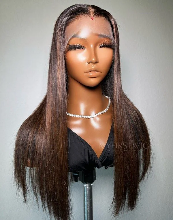 Glueless wig with a 4x4 lace closure for a secure fit16-20 Inch Highlight Brown Long  Straight Glueless Human Hair Lace Wig / Closure Wig - DTS012