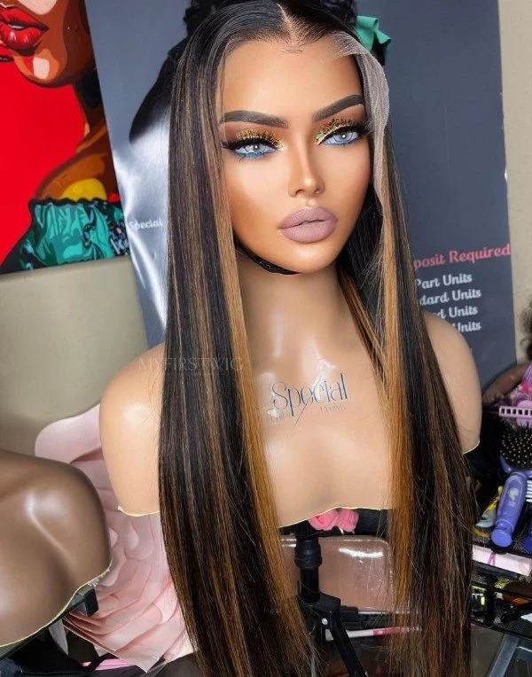 Glueless wig with a straight texture for a sleek and minimalist look16-20 Inch Highlight Brown Straight Glueless Human Hair Lace Wig / Closure Wig - SPE075