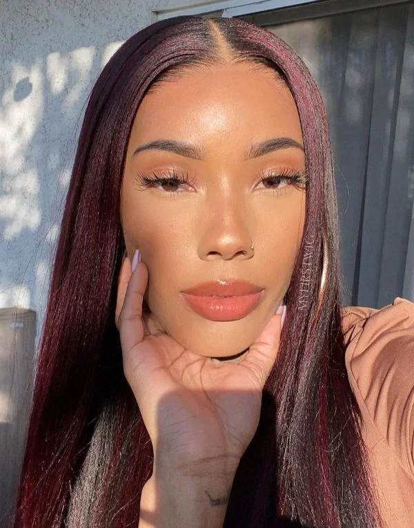 Glueless lace - front wig with a natural - looking hairline16-20 Inch Highlight Burgundy Yaki Straight Glueless Human Hair Lace Wig / Closure Wig - LFS013