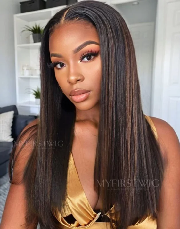 Glueless wig with a 4x4 lace closure for a secure fit16-20 Inch Highlight Dark Brown Yaki Glueless Human Hair Lace Wig / Closure Wig - ANI8009