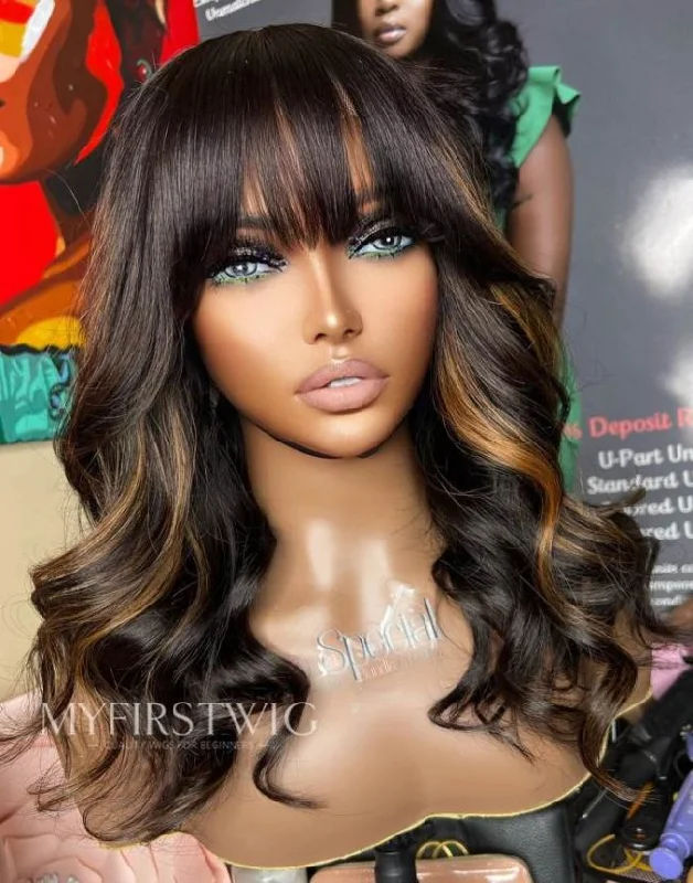 Glueless wig with a silk - base cap for a comfortable and smooth feel16-20 Inch Highlight with Bangs Wavy Glueless Human Hair Lace Wig / Closure Wig - SPE086