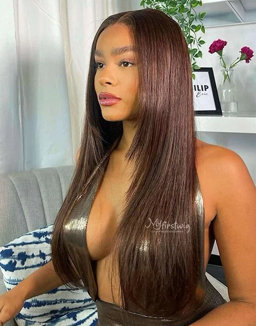 Glueless wig in a chestnut - brown color for a warm and rich appearance16-20 Inch Layered Brown Straight Glueless Human Hair Lace Wig / Closure Wig - Philiperic PE007