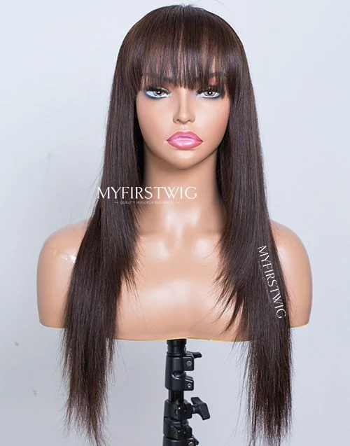 Glueless wig with a natural - looking root for a more realistic look16-20 Inch Layered Dark Brown with Bangs Glueless Human Hair Lace Wig / Closure Wig - TBA004