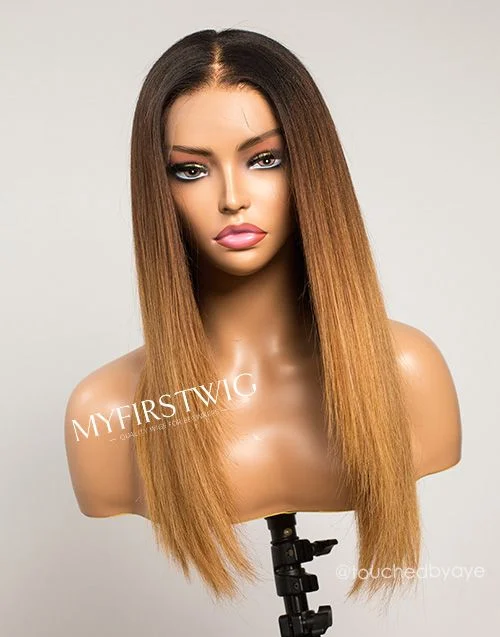 Glueless wig with a curly texture for a bold and stylish choice16-20 Inch Layered Ombre Brown to Blonde Glueless Human Hair Lace Wig / Closure Wig - LFS012