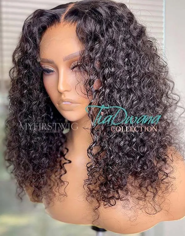 Glueless wig with a middle - part for a classic and elegant style16-20 Inch Long Curly Glueless Human Hair Lace Wig / Closure Wig - TDC011