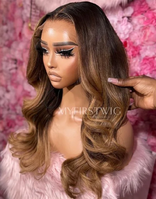 Glueless wig with a middle - part for a classic and elegant style16-20 Inch Ombre Brown Wavy Glueless Human Hair Lace Wig / Closure Wig - OPH030