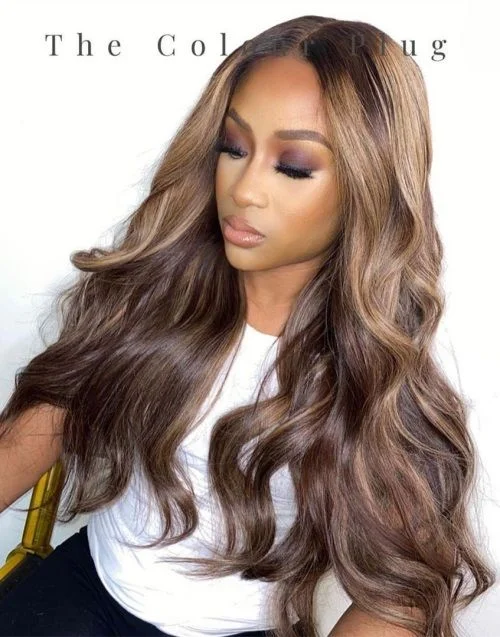 Glueless synthetic wig with a heat - resistant formula16-20 Inch Ombre Brown Glam Wavy Glueless Human Hair Lace Wig / Closure Wig - TCP003