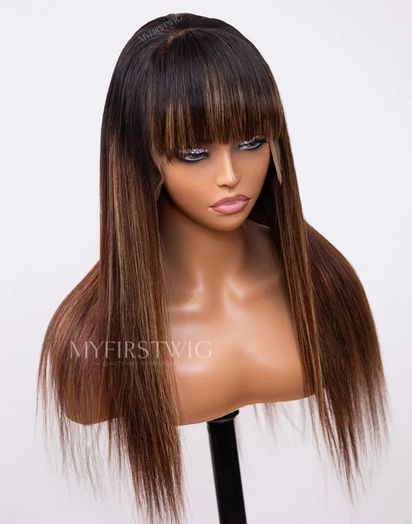 Glueless human - hair wig for a comfortable and natural feel16-20 Inch Ombre Brown with Bangs Highlight Glueless Human Hair Lace Wig / Closure Wig - TBA021