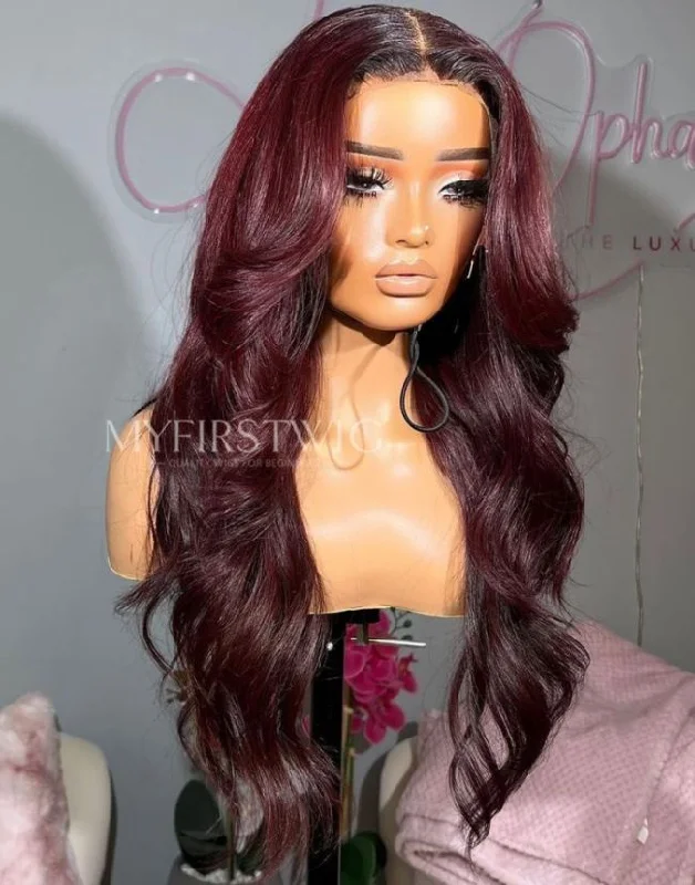 Glueless wig with a middle - part for a classic and elegant style16-20 Inch Ombre Burgundy Wavy Glueless Human Hair Lace Wig / Closure Wig - OPH023