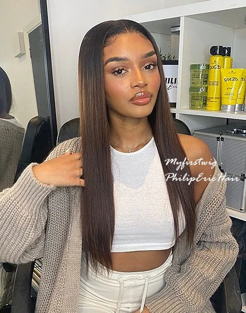 Glueless wig with a wispy fringe for a soft and feminine look16-20 Inch Ombre Straight Glueless Human Hair Lace Wig / Closure Wig - Philiperic PE001