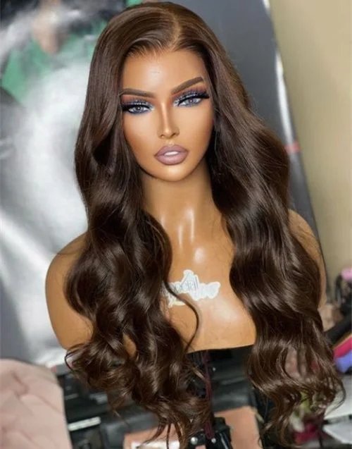 Glueless wig with a straight texture for a sleek and minimalist look16-20 Inch Side Part Dark Brown Wavy Glueless Human Hair Lace Wig / Closure Wig - SPE022