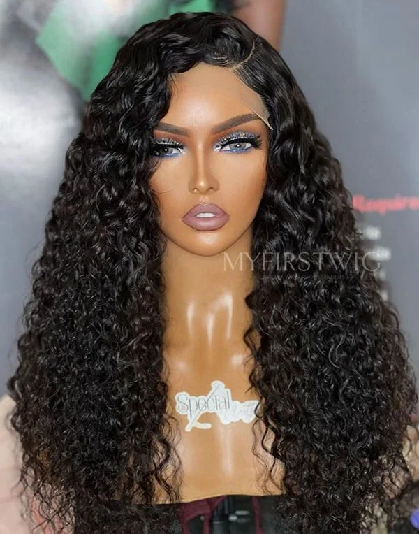 Glueless wig with a natural - looking root for a more realistic look16-20 Inch Side Part Deep Wave Curly Glueless Human Hair Lace Wig / Closure Wig - SPE038