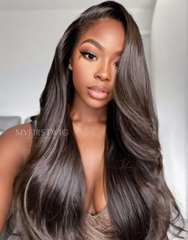 Glueless synthetic wig with a heat - resistant formula16-20 Inch Side Part Black Straight Glueless Human Hair Lace Wig / Closure Wig - ANI8001