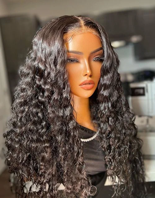 Glueless wig with a wavy texture for a beachy look16-20 Inch Water Wave Curly Glueless Human Hair Lace Wig / Closure Wig - DTS008