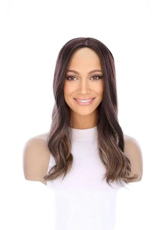 Medium - length wig with a silk - base cap for a comfortable and smooth feel18" Emerald Silk Top Topper Dark Brown Balayage