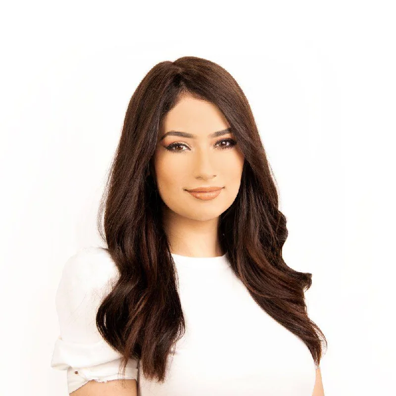 Medium - length wig with a pre - bleached knot for a natural - looking scalp18" Emerald Silk Top Topper Dark Brown