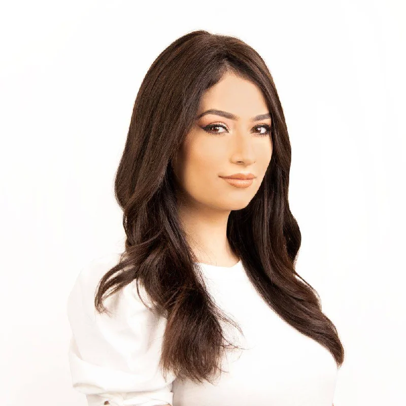 Medium - length wig with a curly texture for a bold and stylish choice18" Topaz Lace Top Topper Dark Brown