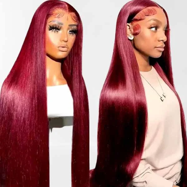 Glueless wig with a curly texture for a bold and stylish choice30 Inch Burgundy Red Lace Front Wig 13x6 Pre Plucked Glueless Wig Bone Straight 99J Colored Human Hair Wigs For Women