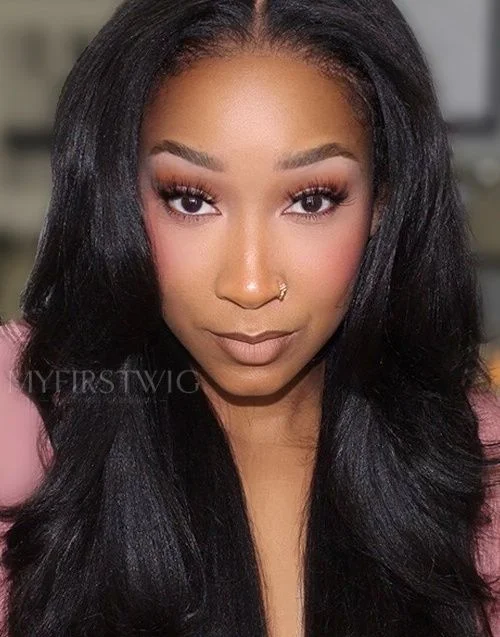 Glueless synthetic wig with a heat - resistant formula14-20 Inch 4C Natural Edges Layered Yaki Glueless Human Hair Lace Wig / Closure Wig - 4CEY005