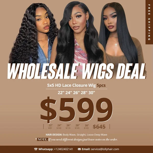 Glueless lace - front wig with a natural - looking hairline$559 Wholesale Glueless Human Hair Wigs Pack Deal 5x5 Ready to Wear Lace Closure Wigs 22 24 26 28 30 inch 5pcs