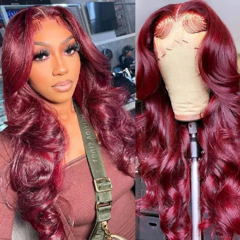 Medium - length wig with a heat - resistant formula for easy styling at homeWear & Go Burgundy Wig Body Wave 13x4 HD Glueless Lace Frontal Wigs