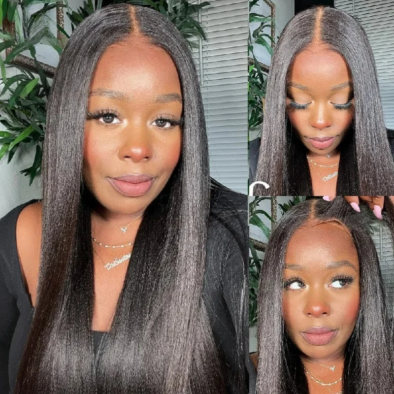 Glueless wig with a middle - part for a classic and elegant style9x6/7x5 Closure Pre-Cut HD Swiss Lace Lace Upgraded Hairline Glueless Wig - Light Yaki Straight