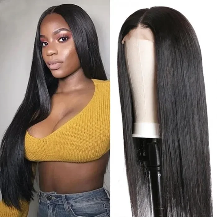 Glueless wig with a middle - part for a classic and elegant styleAngie Queen 4x4 Glueless Lace Closure Straight Human Hair Wigs  Natural Black Pre Plucked