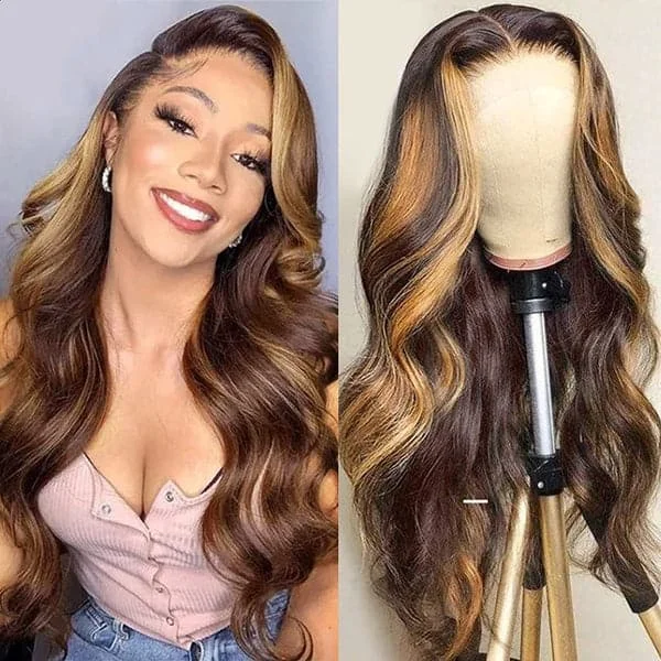 Glueless wig with a side - swept bang for a sophisticated lookAngieQueen Glueless Breathable Wigs 5x5 Lace Wig  Body Wave 4/27 Color Human Hair Air Wigs