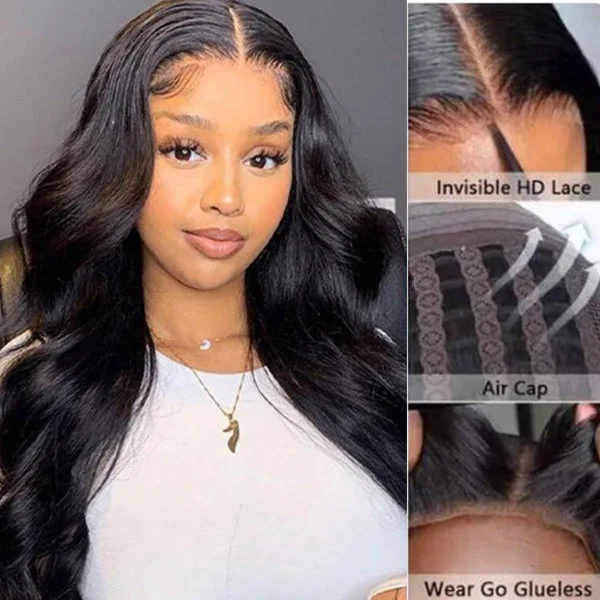 Glueless wig with a side - part for a more flattering lookAngieQueen Glueless Breathable Wigs 5x5 Lace  Wig Body Wave Human Hair Air Wigs